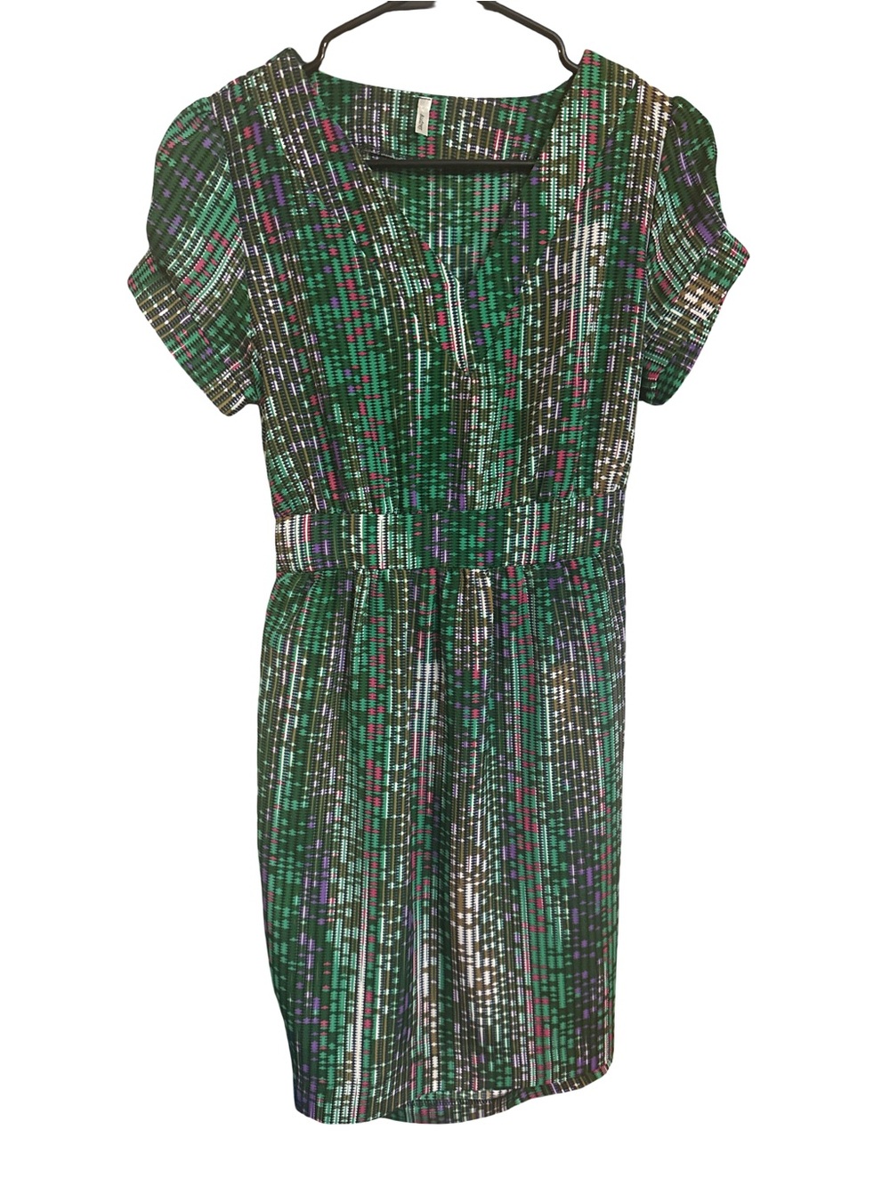 audrey Green Aztec-Style Short Sleeve Dress with Pink & Purple Accents